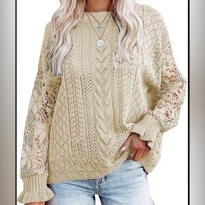 Women’s crewneck sweater with lace crochet sleeves